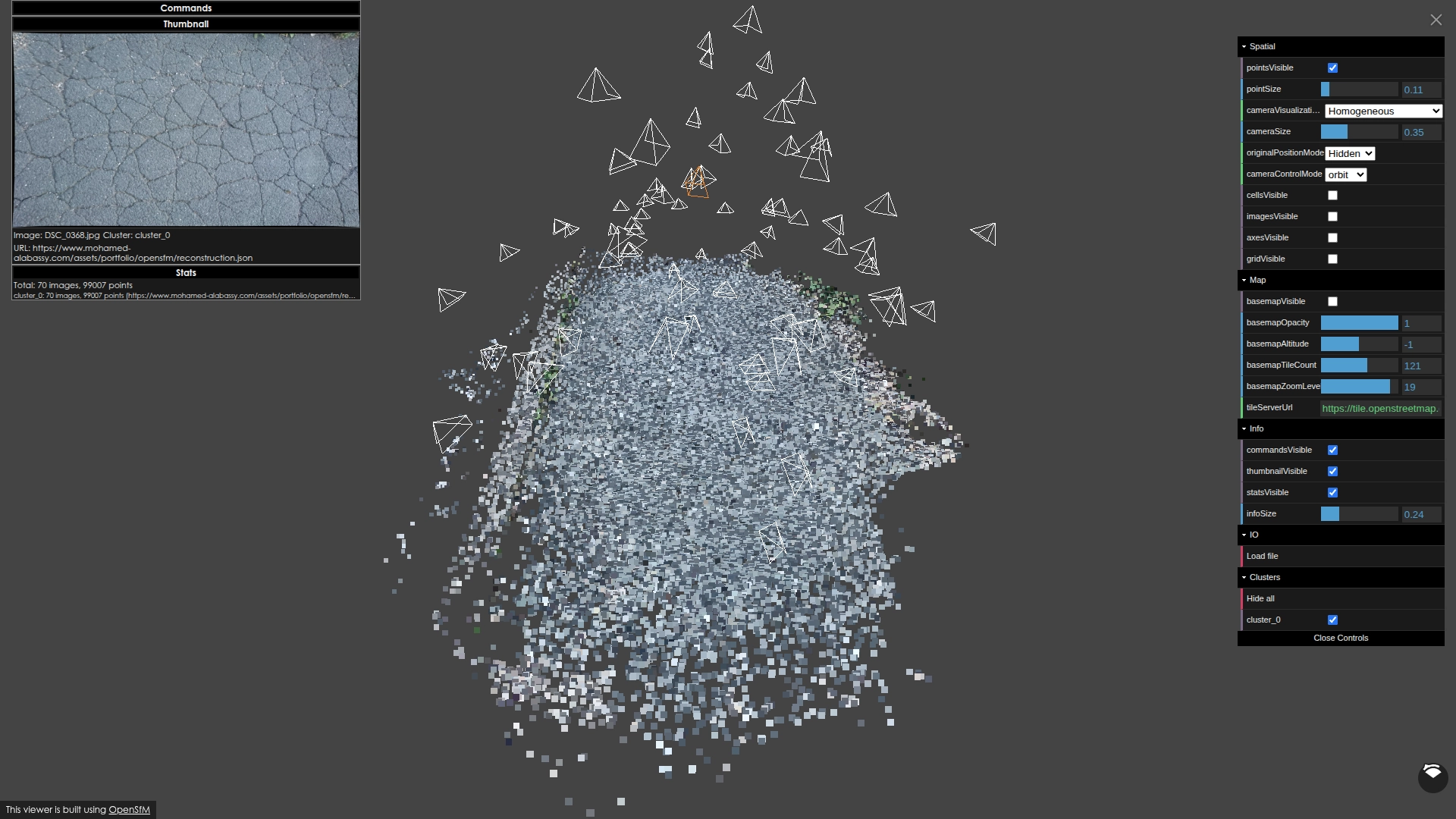 OpenSfM reconstruction with camera poses and the merged point cloud