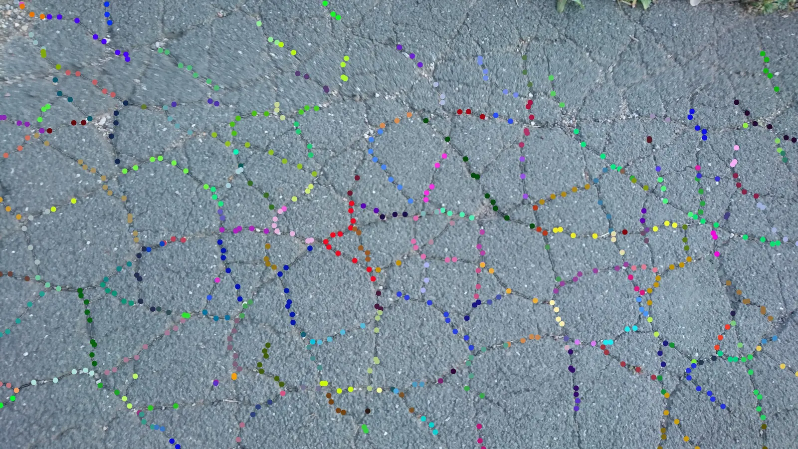 Vectorised crack paths drawn as coloured points